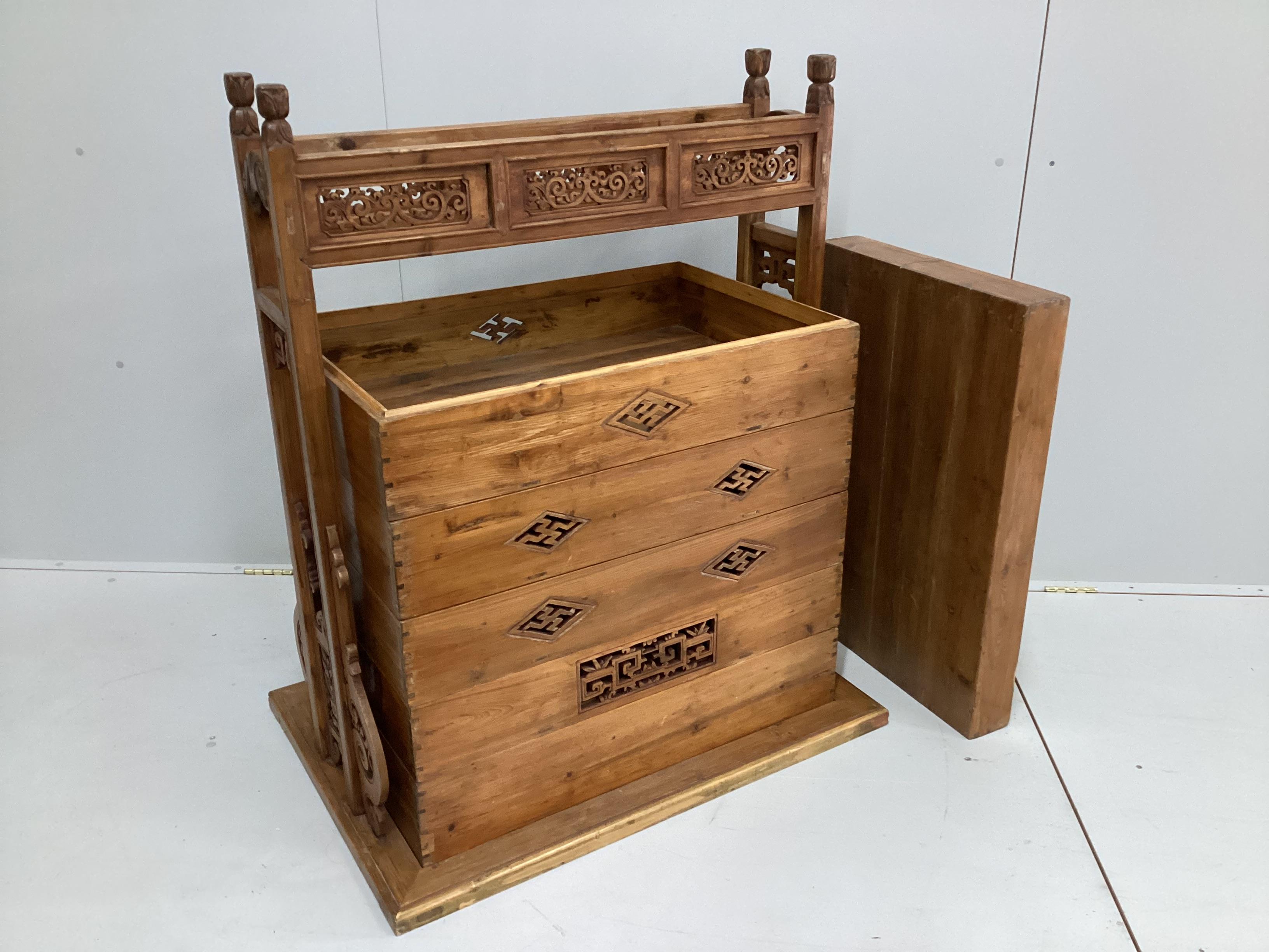 A Chinese carved pine sectional dowry chest, width 92cm, depth 50cm, height 111cm
